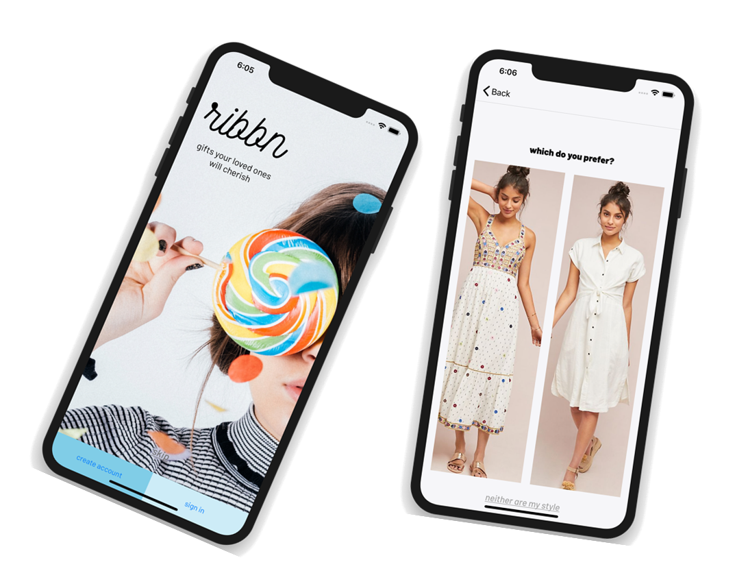 Two preserved Ribbn mobile screens showing the gift and preference experience