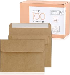 Sweetzer&Orange Brown Self Seal Envelopes, 100 pack, 5.25x7.25", Kraft A7