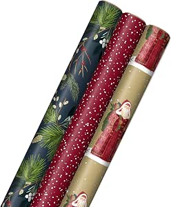 Hallmark Holiday Wrapping Paper with Cut Lines on Reverse (3 Rolls: 120 sq. ft. ttl) Navy Blue Foliage, Boho Red, Father Christmas